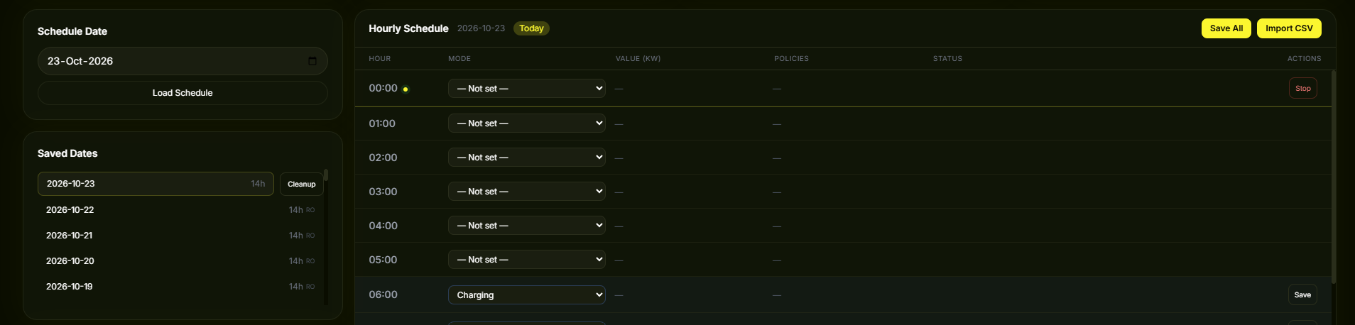 Hourly schedule editor with saved dates