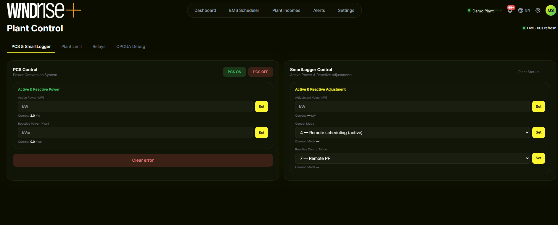 Plant control screen with PCS and SmartLogger setpoints